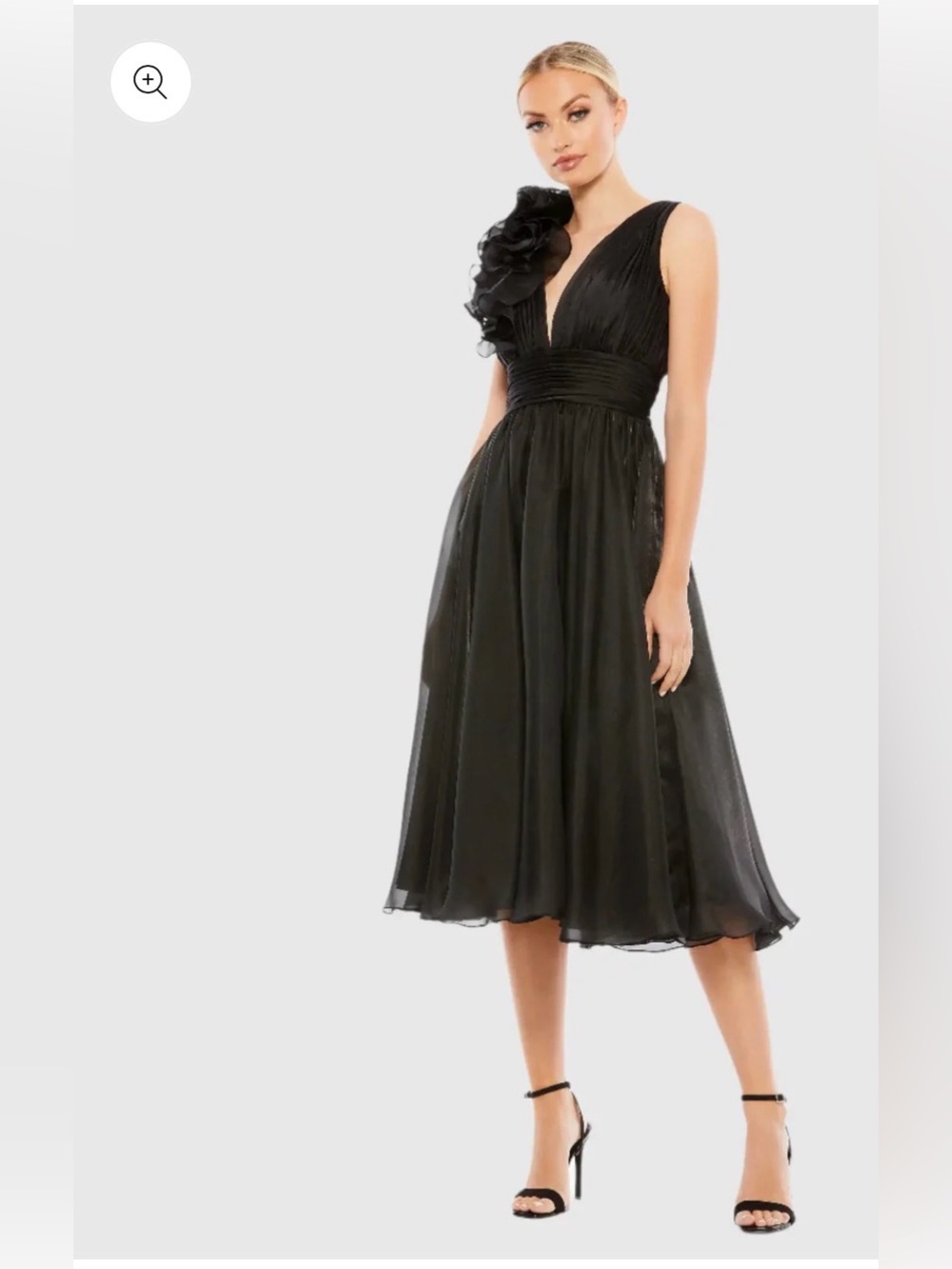 MAC DUGGAL Plunging V Neck Ruffled Elegant Black V-Neck Floral Accent Dress
